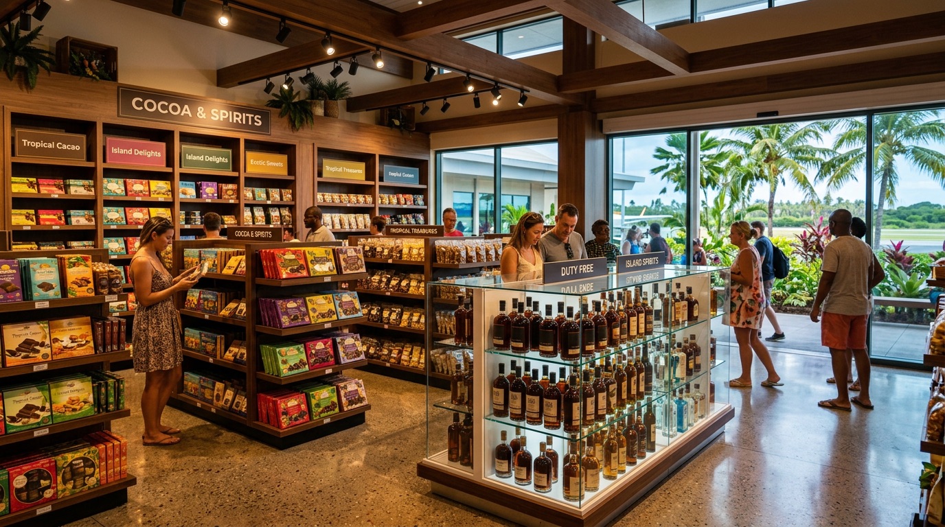Illustrative duty-free shop interior with chocolates and spirits, Langkawi retail mood