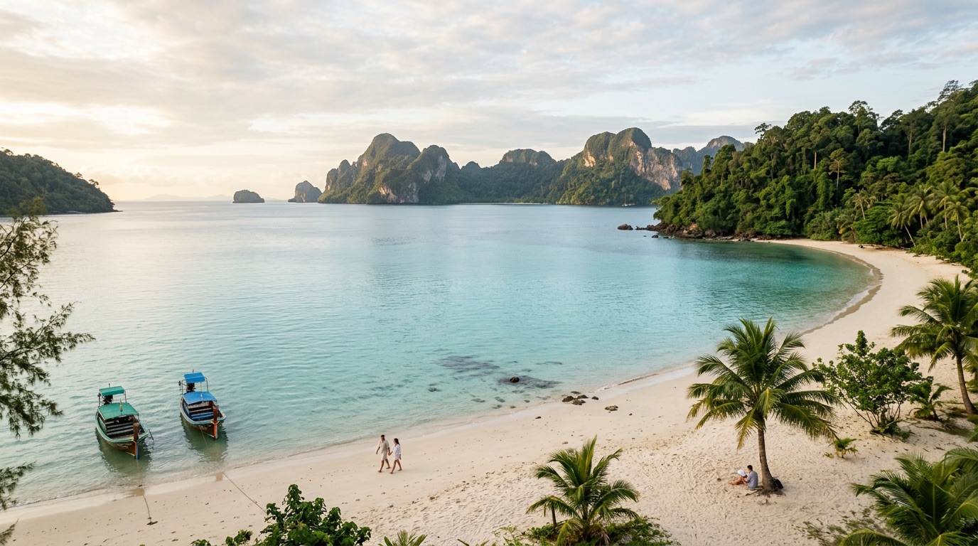 Illustrative tropical coastline with limestone karst, evocative of north Langkawi