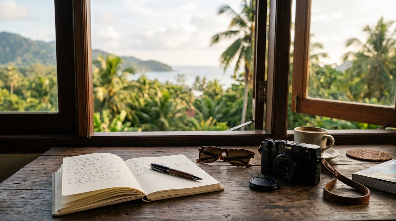Illustrative island trip planning scene with map notes and tropical coastline mood