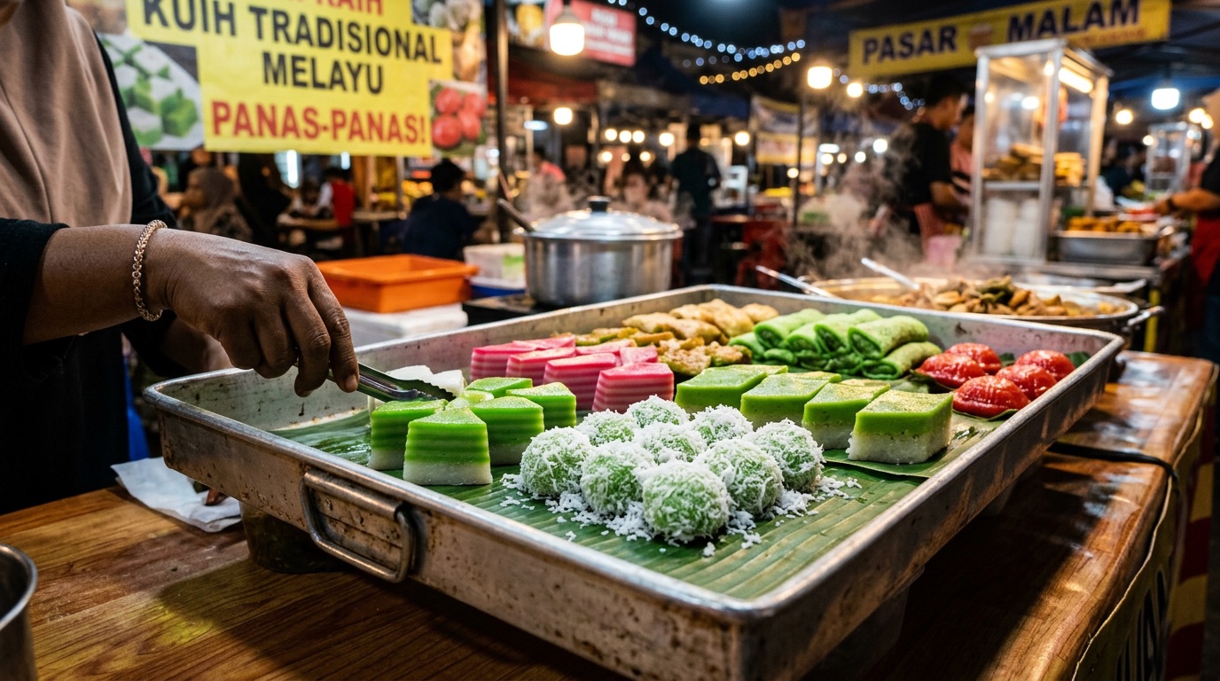 Illustrative night market kuih and sweets at a pasar malam stall