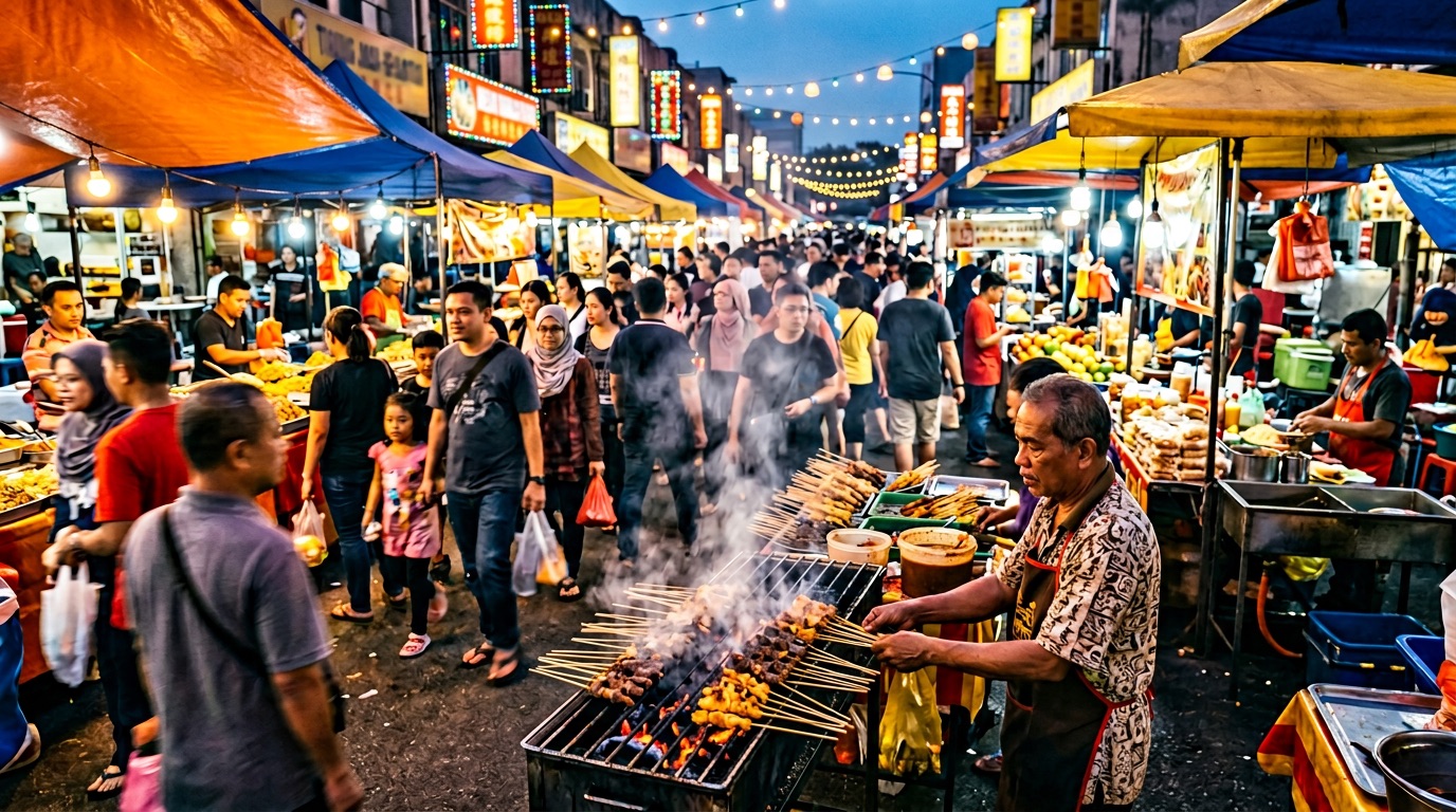 Illustrative night market food stalls with grills and lights, pasar malam mood