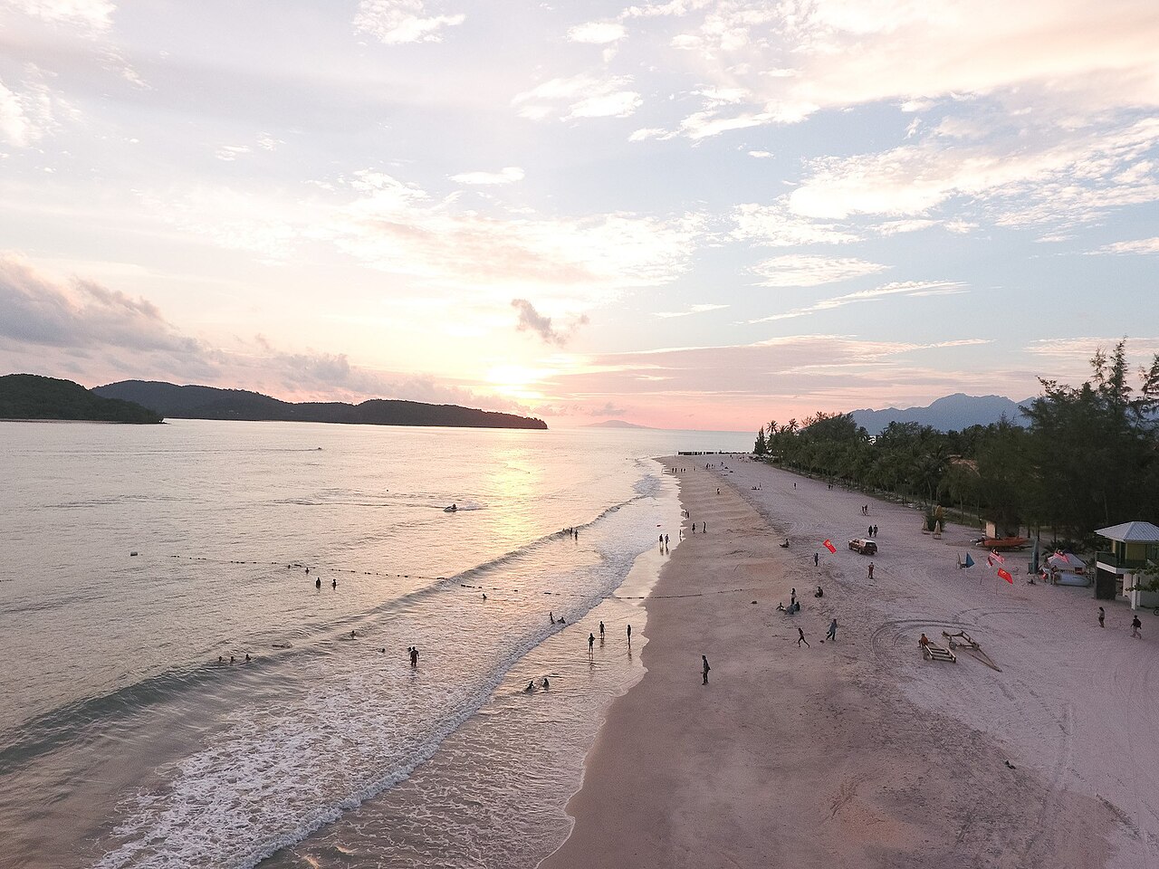 Drone view of Pantai Cenang at sunset, Langkawi