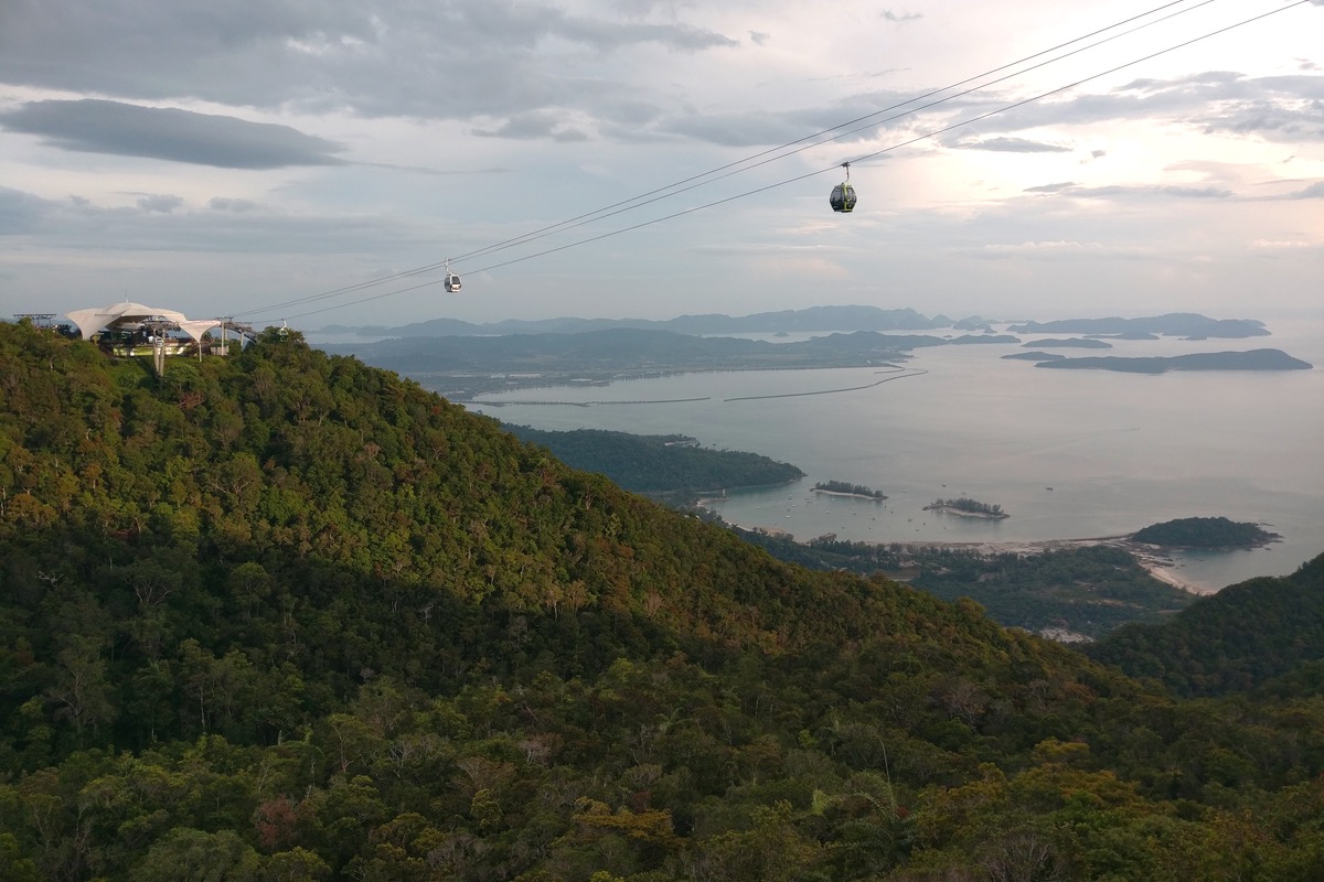Langkawi SkyCab gondolas over rainforest with island and sea views