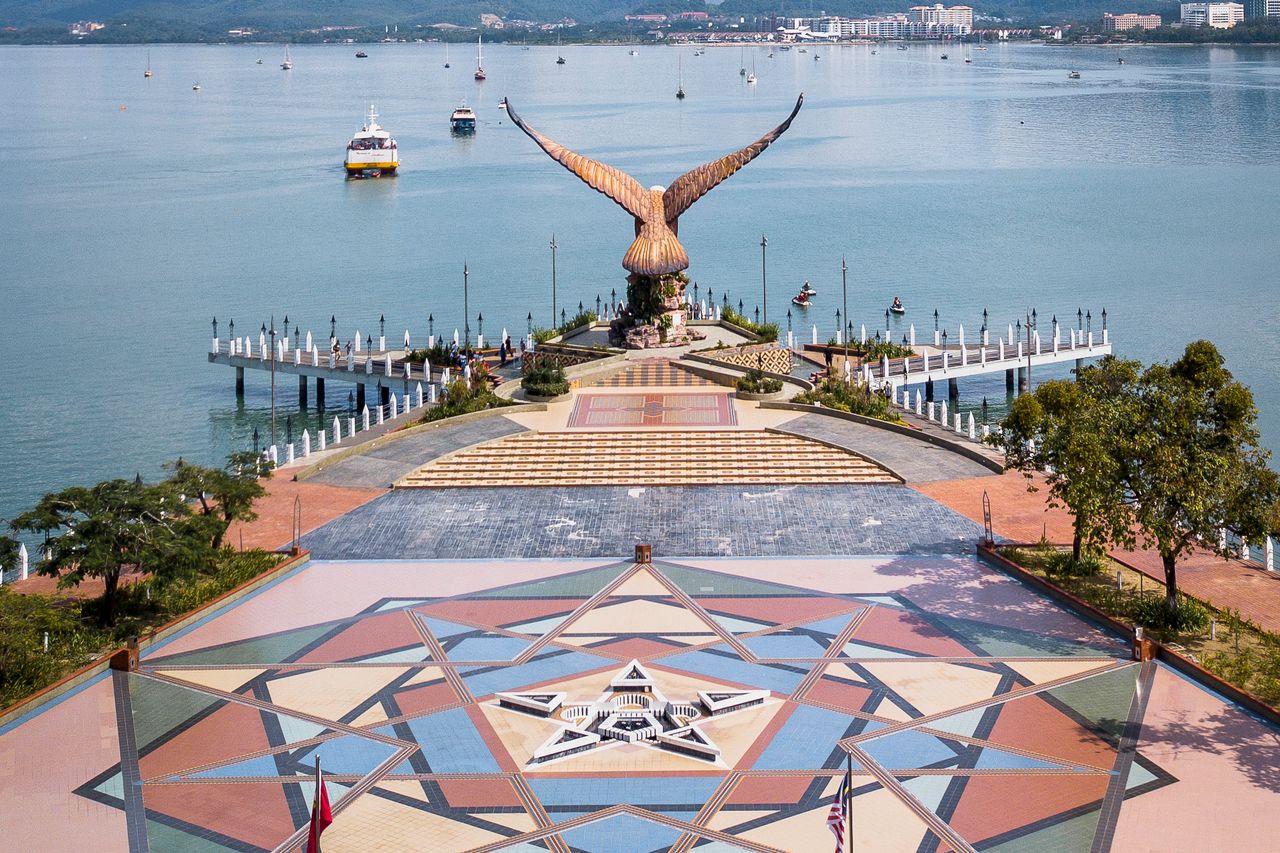 Aerial view of Eagle Square (Dataran Lang) and its giant eagle statue at the Kuah waterfront, Langkawi