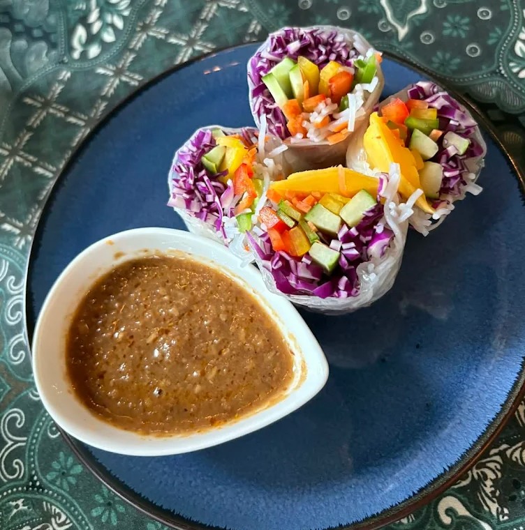 Fresh vegan summer rolls with peanut sauce at Pegaga Langkawi Vegan Experience